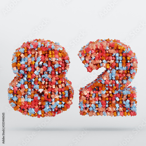 Number 82 3D Text Illustration, Digits With Pink And Sky Colors Stars, 3D Render In 4K Resolution, Isolated On White Background, With Shadow ..