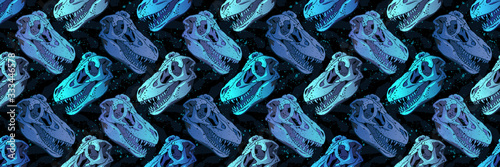 Hand Drawn Seamless pattern of Cartoon Dinosaur Skull for girls, boys, clothes. Funny aleontology wallpaper for textile and fabric. Paleontology style