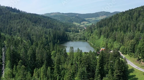 Aerial view of lake in Uhorna village in Slovakia photo