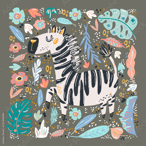 Fototapeta Naklejka Na Ścianę i Meble -  Zebra cute doodle hand drawn flat vector illustration. Wild rainforest animal vector poster floral background.Grass branches with leaves, flowers and spots design element. Tropical jungle