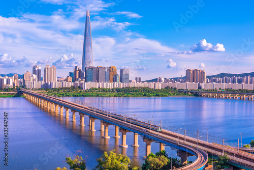 Seoul Subway and Seoul City Skyline at Han river Seoul, South korea.