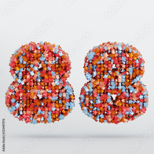Number 88 3D Text Illustration, Digits With Pink And Sky Colors Stars, 3D Render In 4K Resolution, Isolated On White Background, With Shadow ..