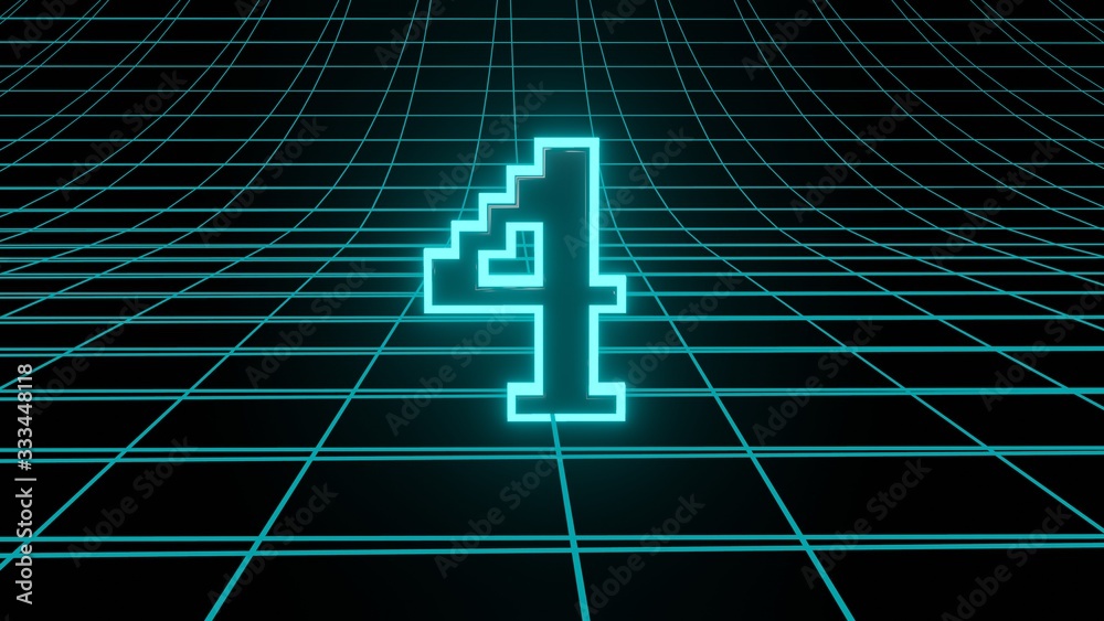 Number 4 in neon glow cyan on grid background, isolated number 3d render Number 4 in neon glow cyan on grid background, isolated number 3d render
