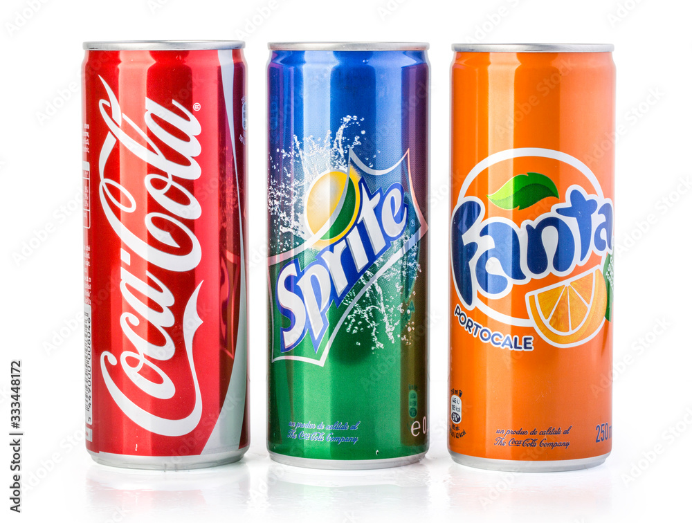 Foto Stock Coca-Cola, Fanta and Sprite Cans Isolated On White | Adobe Stock