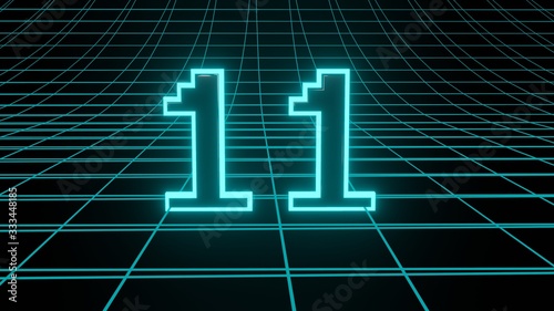 Number 11 in neon glow cyan on grid background, isolated number 3d render