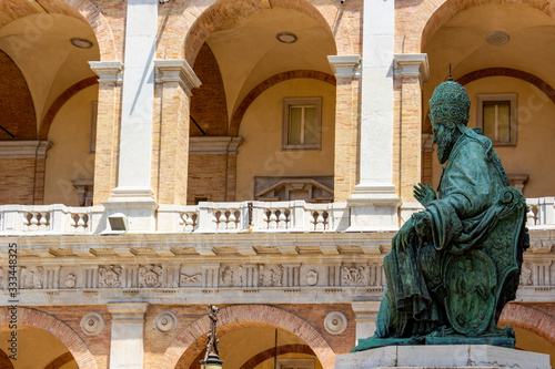 The 16th-century monument of Pope Sixtus V in Piazza della Madonna in front of the Basilica della Santa Casa in Loreto, Ancona Province, Marche Region, Italy