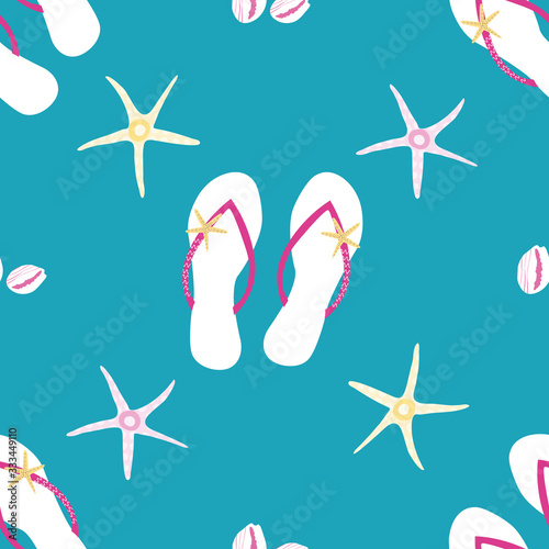 Flip flop shoe seamless vector pattern background. Pretty sandals, starfish, cowrie shell backdrop. Aqua blue, white, pink color. All over print for beach wedding, honeymoon oceanside resort concept