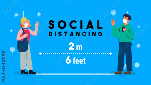 Social distancing concept vector illustration. men and female keep stand 2 meters apart in public to protect from COVID-19 