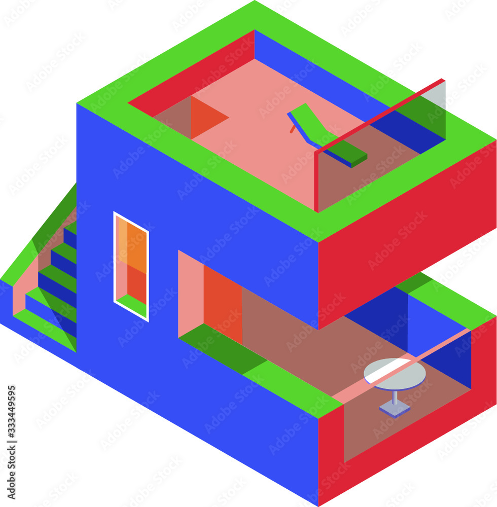 Isometric style building design in red green and scihik colors Isometric style building design in red green and scihik colors