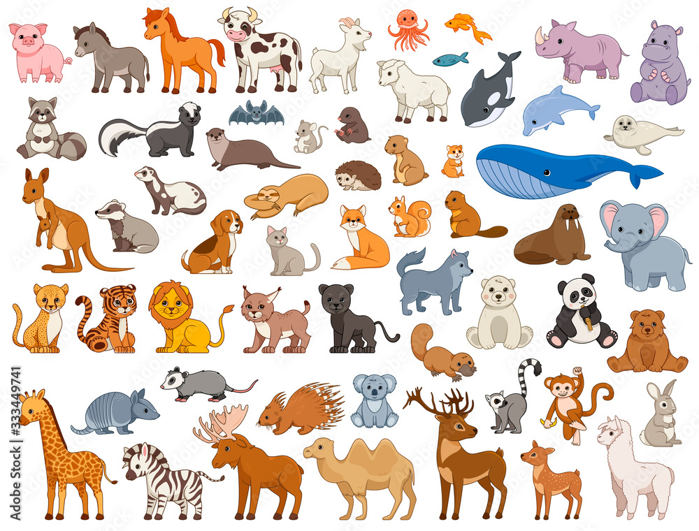 Illustrated series of various land and sea animals in colour. Vector Illustration