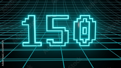 Number 150 in neon glow cyan on grid background, isolated number 3d render