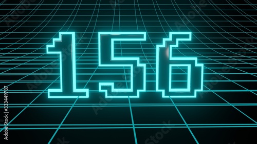 Number 156 in neon glow cyan on grid background, isolated number 3d render