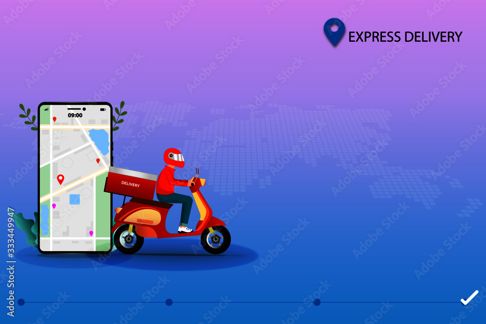 Business concept of express delivery, deliver the goods by scooter and online tracking by use an application on mobile phone in the background of world map and pastel color.