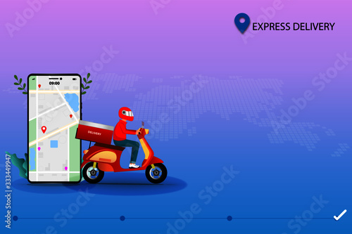 Business concept of express delivery, deliver the goods by scooter and online tracking by use an application on mobile phone in the background of world map and pastel color.