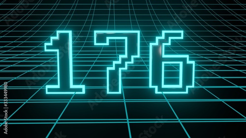 Number 176 in neon glow cyan on grid background, isolated number 3d render