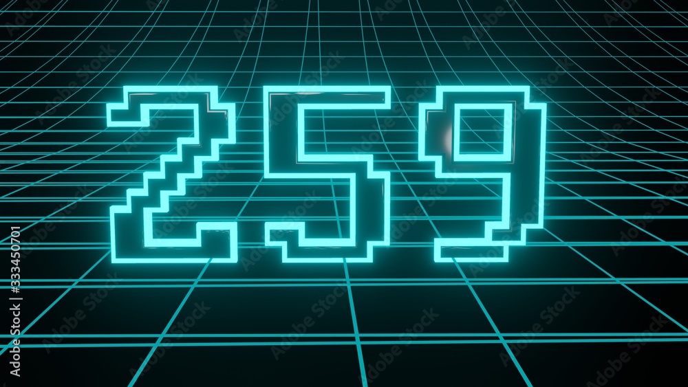 Number 259 in neon glow cyan on grid background, isolated number 3d render Number 259 in neon glow cyan on grid background, isolated number 3d render