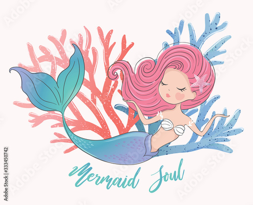 Little cute mermaid with fishes and seashells. Book illustration, fashion artworks, t shirt graphics.