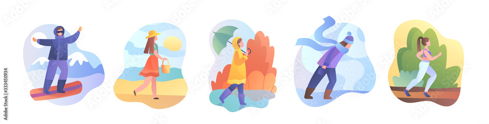 People in different weather conditions. Illustrated various people seasonal clothing series isolated on white. Vector Illustration.