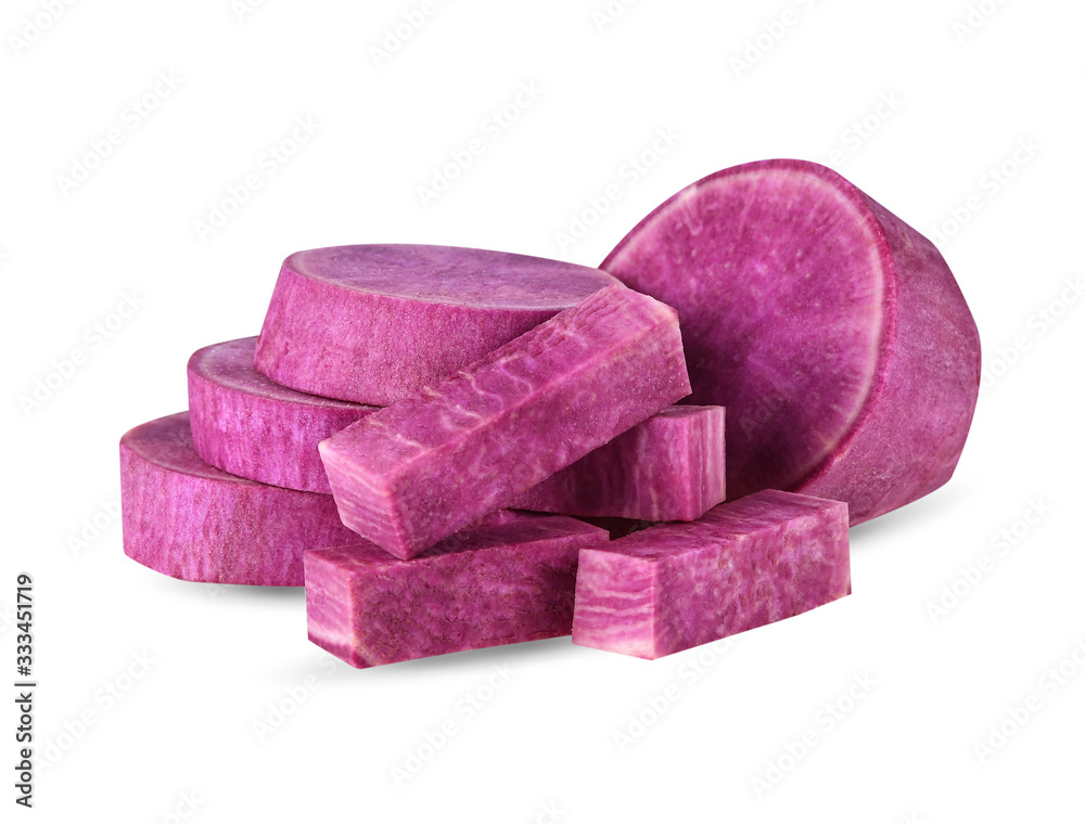 Purple potatoes cut in half, isolated on a white background Purple potatoes cut in half, isolated on a white background