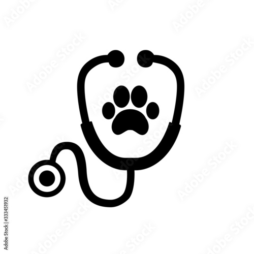 Stethoscope silhouette with animal paw print symbol. Veterinary medicine logo, isolated vector illustration.