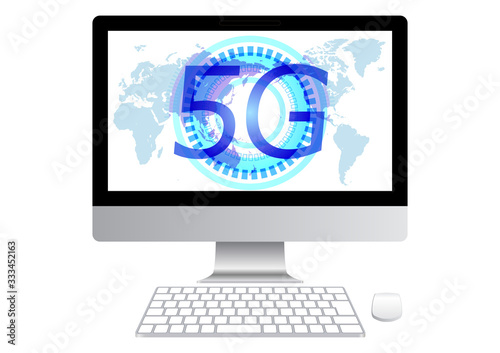 5Gネットワークイメージとパソコン-白色背景