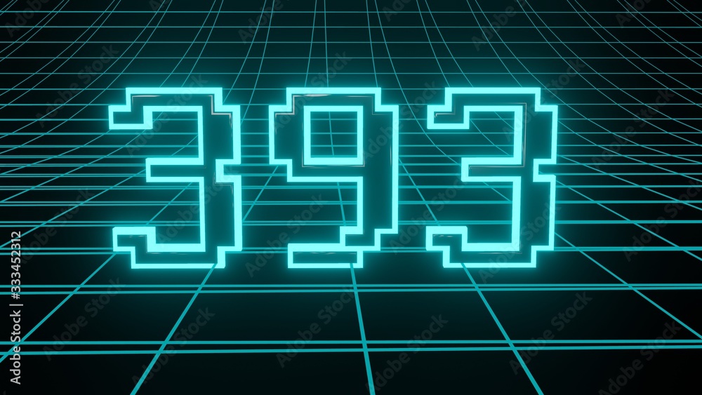 Number 393 in neon glow cyan on grid background, isolated number 3d render Number 393 in neon glow cyan on grid background, isolated number 3d render