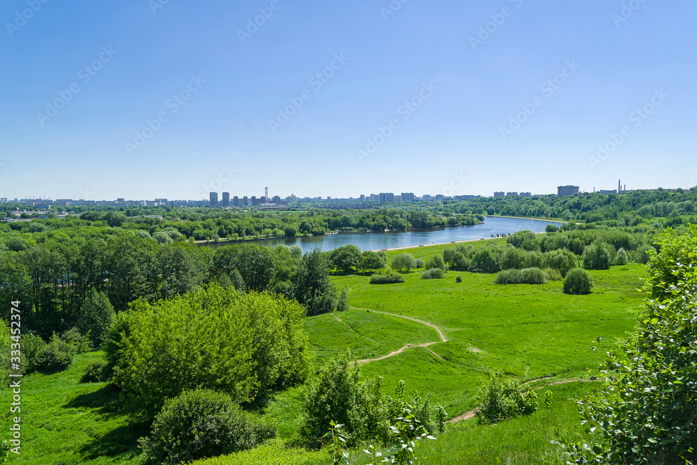 Panorama of the forested area in the valley of the Moskva River.
