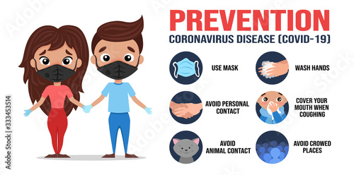 Girl and Boy, family wearing medical blue mask for preventing coronavirus symptoms. Infographic about the prevention with icon of hand washing, shaking hands. Vector flat cartoon illustration