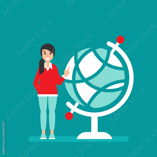 Woman with globe. News, broadcast . Creative teacher, freelancer giving advice.