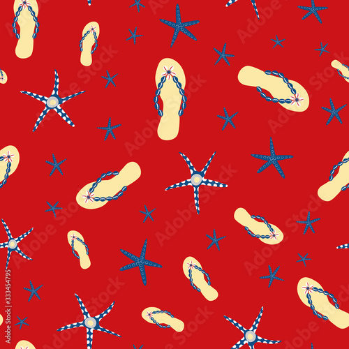 Flip flop shoe seamless vector pattern background. Stylish sandals, starfish nautical theme backdrop. Red, gold, blue. design. Hot summer all over print for beach vacation, oceanside resort concept