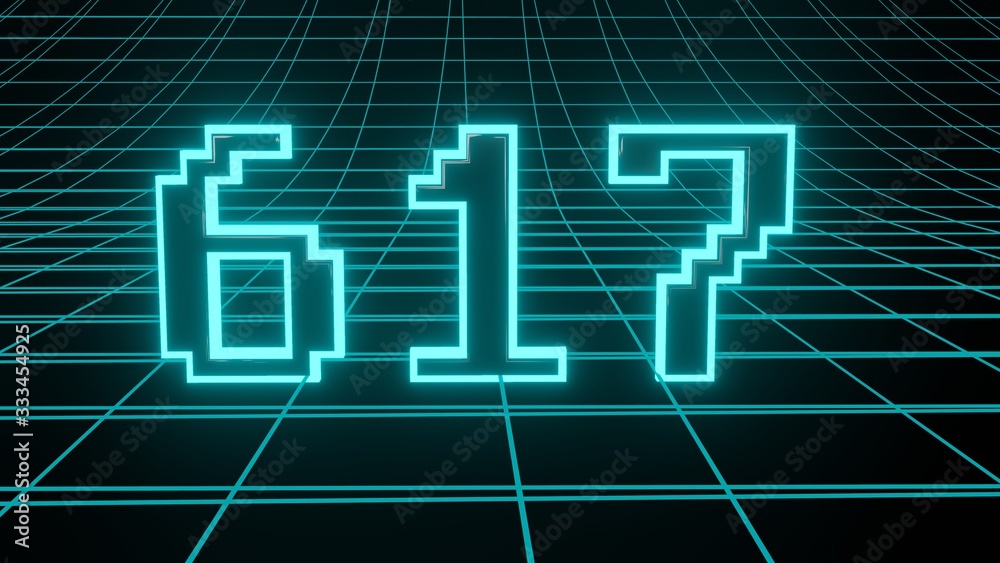 Number 617 in neon glow cyan on grid background, isolated number 3d render Number 617 in neon glow cyan on grid background, isolated number 3d render