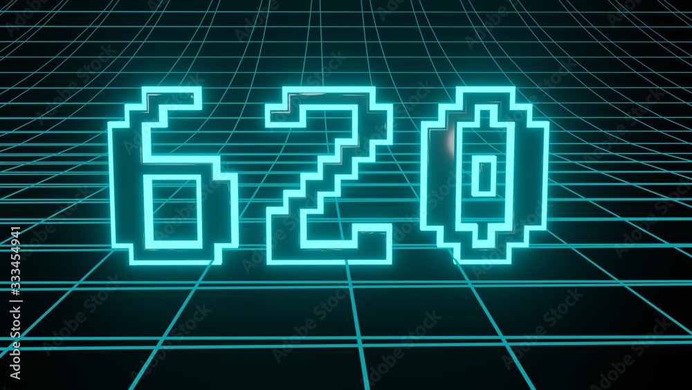 Number 620 in neon glow cyan on grid background, isolated number 3d render Number 620 in neon glow cyan on grid background, isolated number 3d render