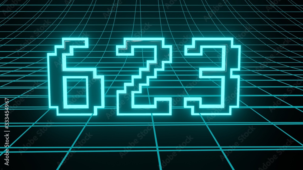 Number 623 in neon glow cyan on grid background, isolated number 3d render Number 623 in neon glow cyan on grid background, isolated number 3d render