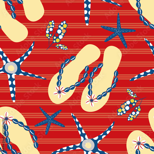 Flip flop shoe seamless vector pattern background. Stylish sandals, starfish nautical stripe backdrop. Red, gold, blue. design. Hot summer all over print for beach vacation, oceanside resort concept