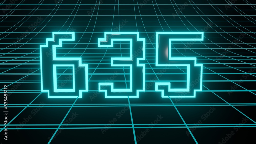 Number 635 in neon glow cyan on grid background, isolated number 3d render Number 635 in neon glow cyan on grid background, isolated number 3d render