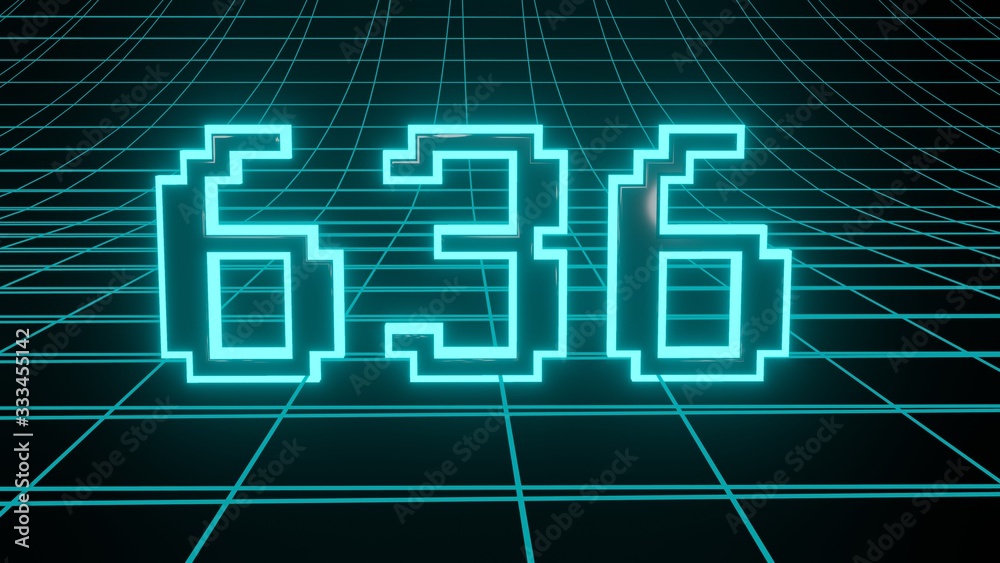 Number 636 in neon glow cyan on grid background, isolated number 3d render Number 636 in neon glow cyan on grid background, isolated number 3d render