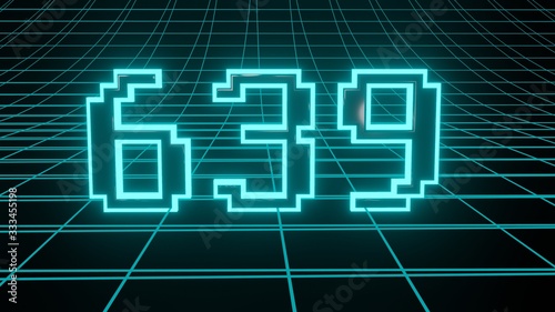 Number 639 in neon glow cyan on grid background, isolated number 3d render