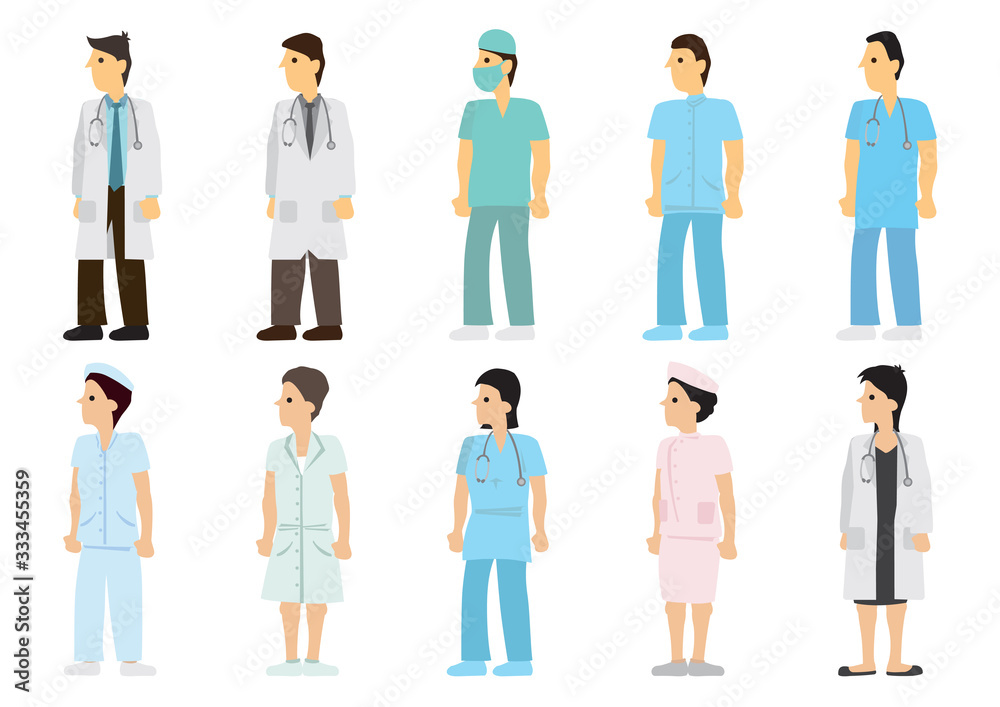 Set of medical staffs including nurses and doctors. Set of medical staffs including nurses and doctors.