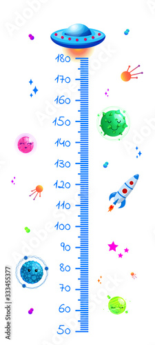 Kids space height chart, cosmic wall meter with cartoon fantasy planets and flying saucer. Vector template.