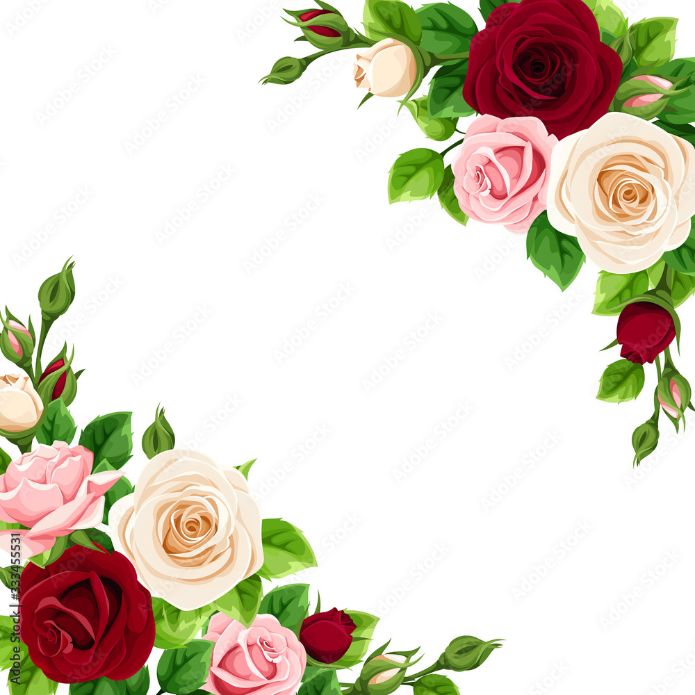 Vector greeting or invitation card with pink, burgundy and white roses ...