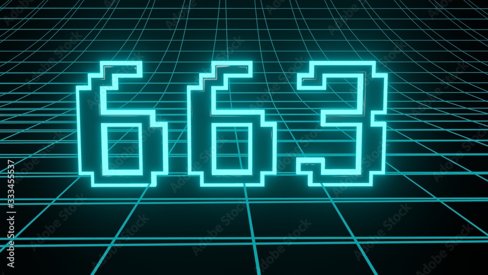 Number 663 in neon glow cyan on grid background, isolated number 3d render Number 663 in neon glow cyan on grid background, isolated number 3d render