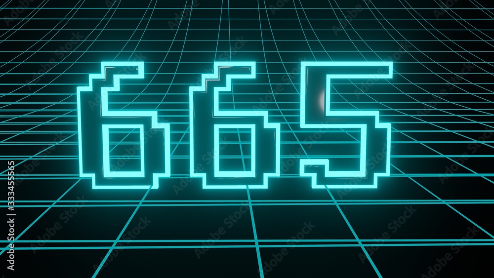 Number 665 in neon glow cyan on grid background, isolated number 3d render Number 665 in neon glow cyan on grid background, isolated number 3d render