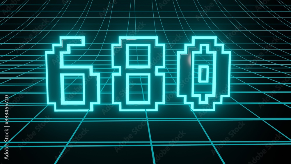 Number 680 in neon glow cyan on grid background, isolated number 3d render Number 680 in neon glow cyan on grid background, isolated number 3d render