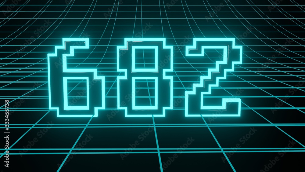Number 682 in neon glow cyan on grid background, isolated number 3d render Number 682 in neon glow cyan on grid background, isolated number 3d render