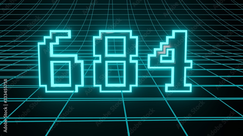 Number 684 in neon glow cyan on grid background, isolated number 3d render Number 684 in neon glow cyan on grid background, isolated number 3d render