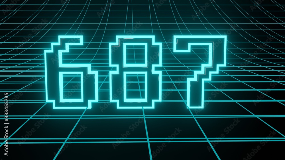 Number 687 in neon glow cyan on grid background, isolated number 3d render Number 687 in neon glow cyan on grid background, isolated number 3d render