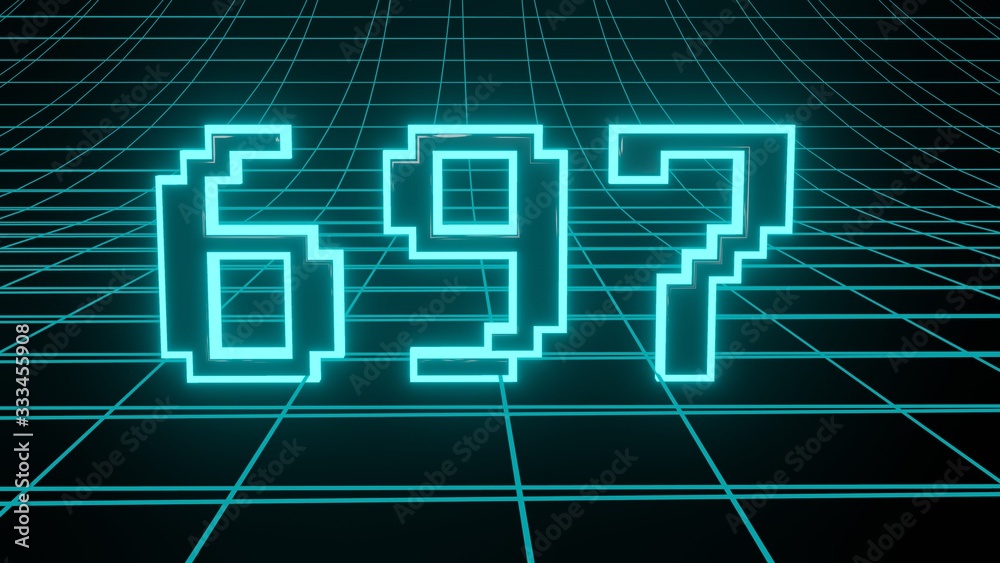 Number 697 in neon glow cyan on grid background, isolated number 3d render Number 697 in neon glow cyan on grid background, isolated number 3d render
