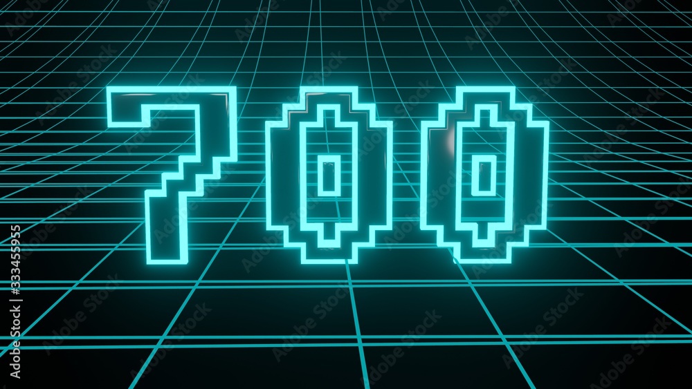 Number 700 in neon glow cyan on grid background, isolated number 3d render Number 700 in neon glow cyan on grid background, isolated number 3d render