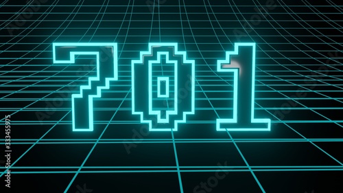 Tableau sur toile Number 701 in neon glow cyan on grid background, isolated number 3d render