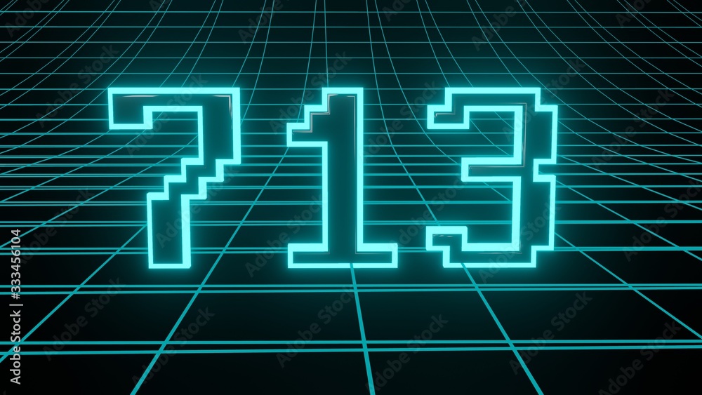 Number 713 in neon glow cyan on grid background, isolated number 3d render Number 713 in neon glow cyan on grid background, isolated number 3d render